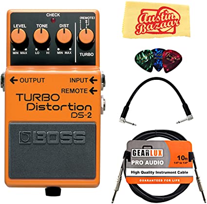 Boss DS-2 Turbo Distortion Bundle with Power Supply, Instrument Cable, Patch Cable, Picks, and Austin Bazaar Polishing Cloth